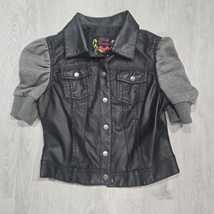 Body Central Black Faux Leather Jacket with Gray Knit Puff Sleeves